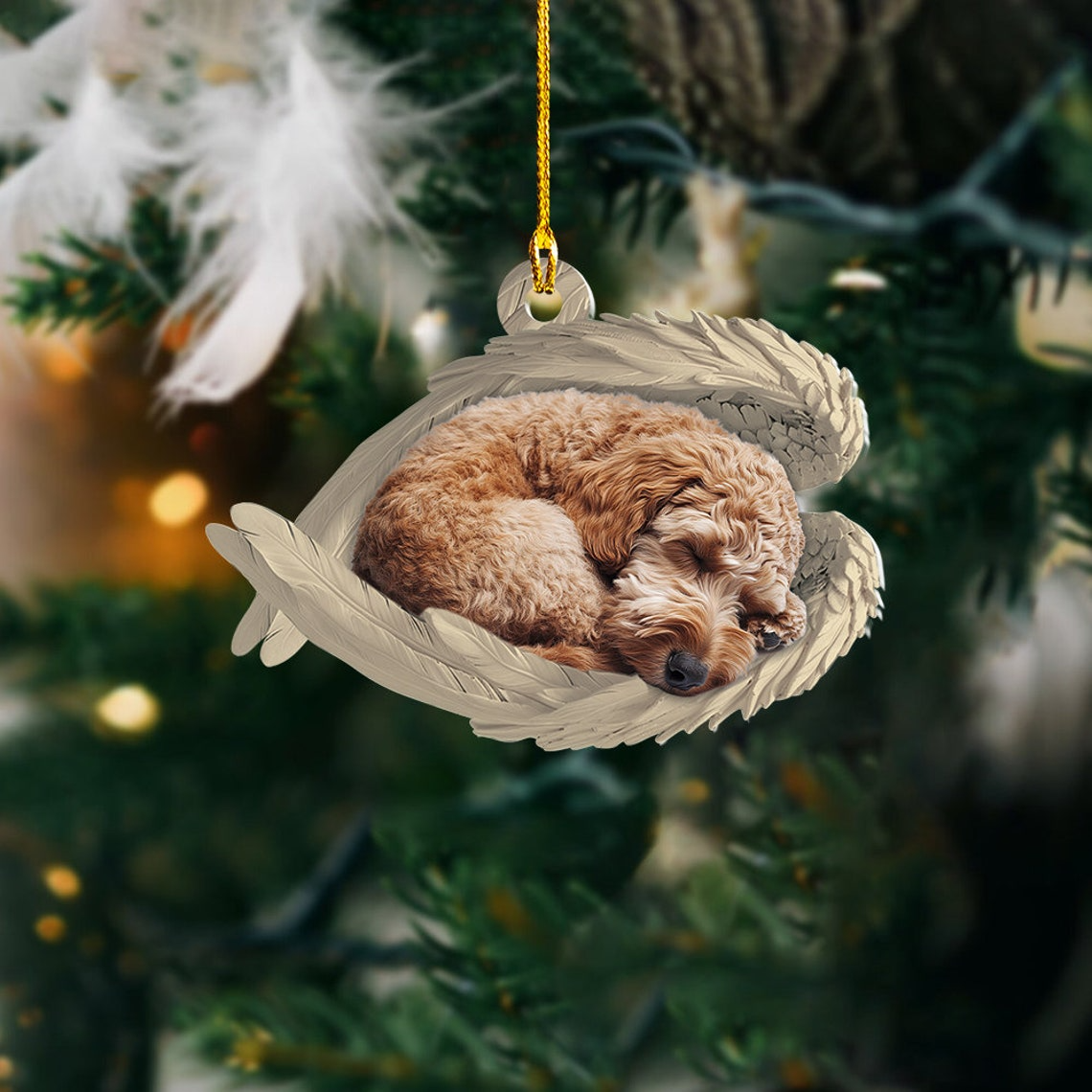 Labradoodle Dog Sleeping Angel Wings Ornament, Labradoodle Dog Christmas Ornament