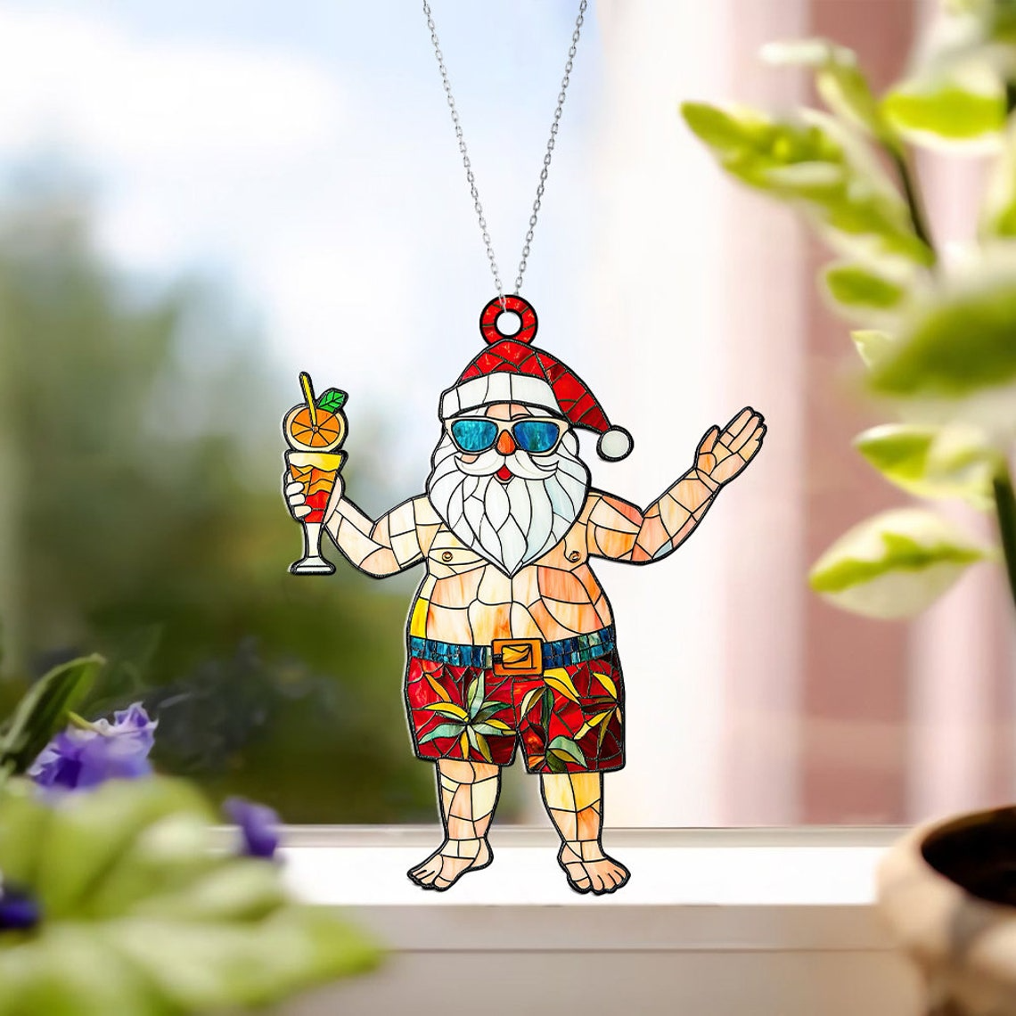 Hawaii Santa Claus with Drink Christmas Suncatcher, Funny Santa Claus Ornament Decor Home