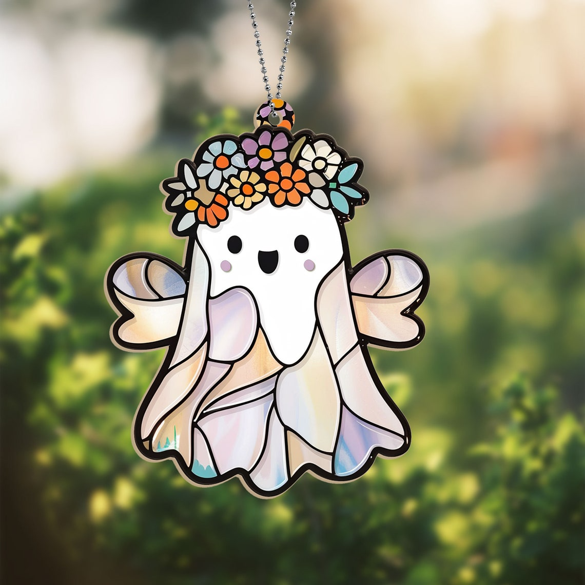 Cute Ghost Girly Halloween Suncatcher Decor, Halloween Ghost Flower Ornament