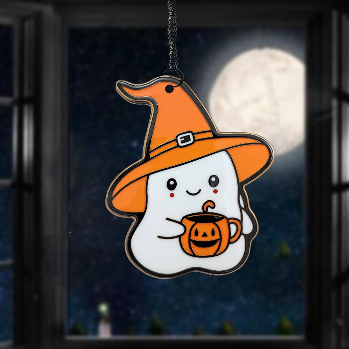 Witchy Ghost Funny and Pumpkin Halloween Suncatcher, Halloween Ghost Hanging Decor