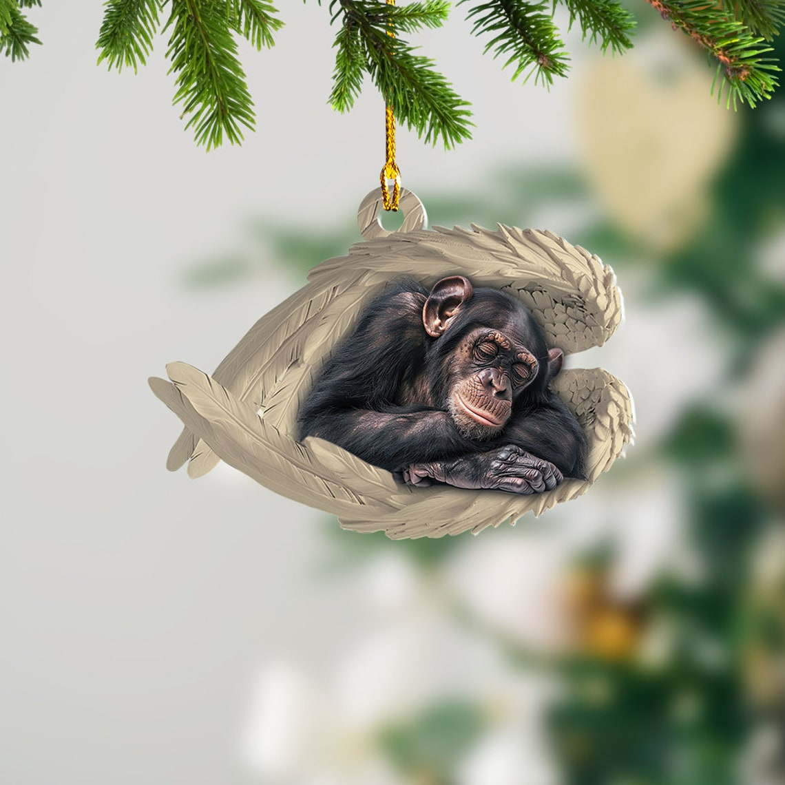 Christmas Chimpanzee Sleeping  Ornament Gift, Chimpanzee Angel Wings Christmas Ornament