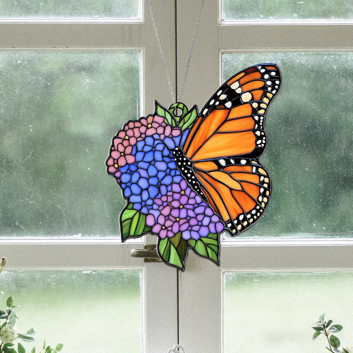 Flower Hydrangea Butterfly Suncatcher, Hydrangea Butterfly Sun Light Catcher Decor