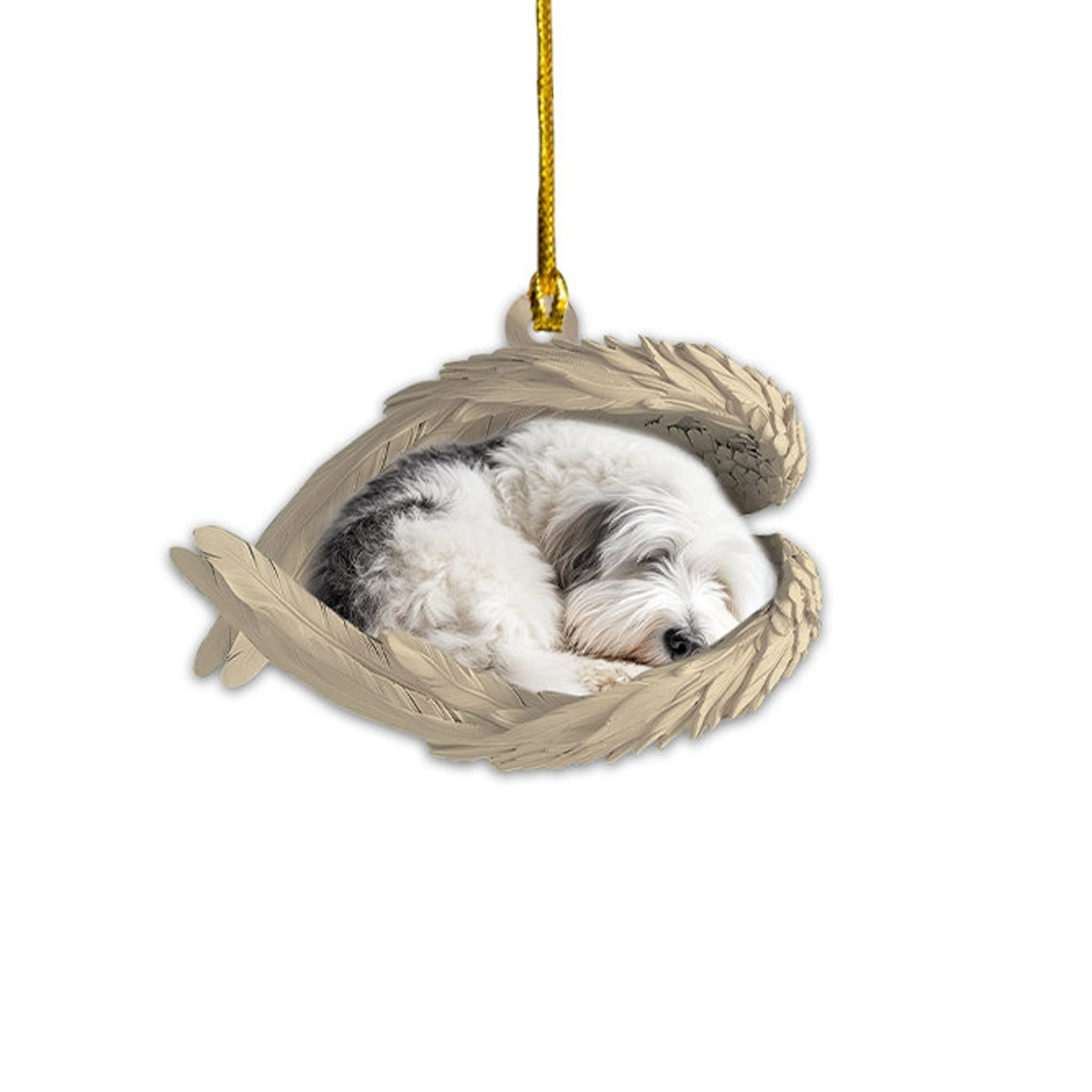 Old English Sheepdog Sleeping Angel Wings Ornament, Old English Sheepdog Christmas Ornament Gift