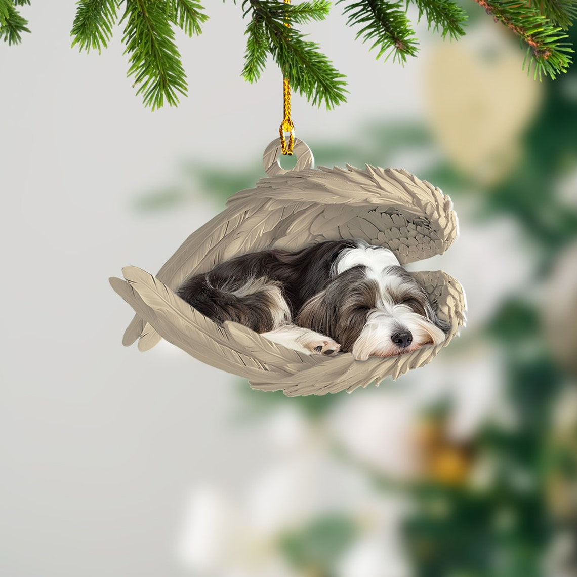 Bearded Collie Dog Sleeping Angel Wings Ornament, Beardie Dog Hanging Christmas Ornament Decor