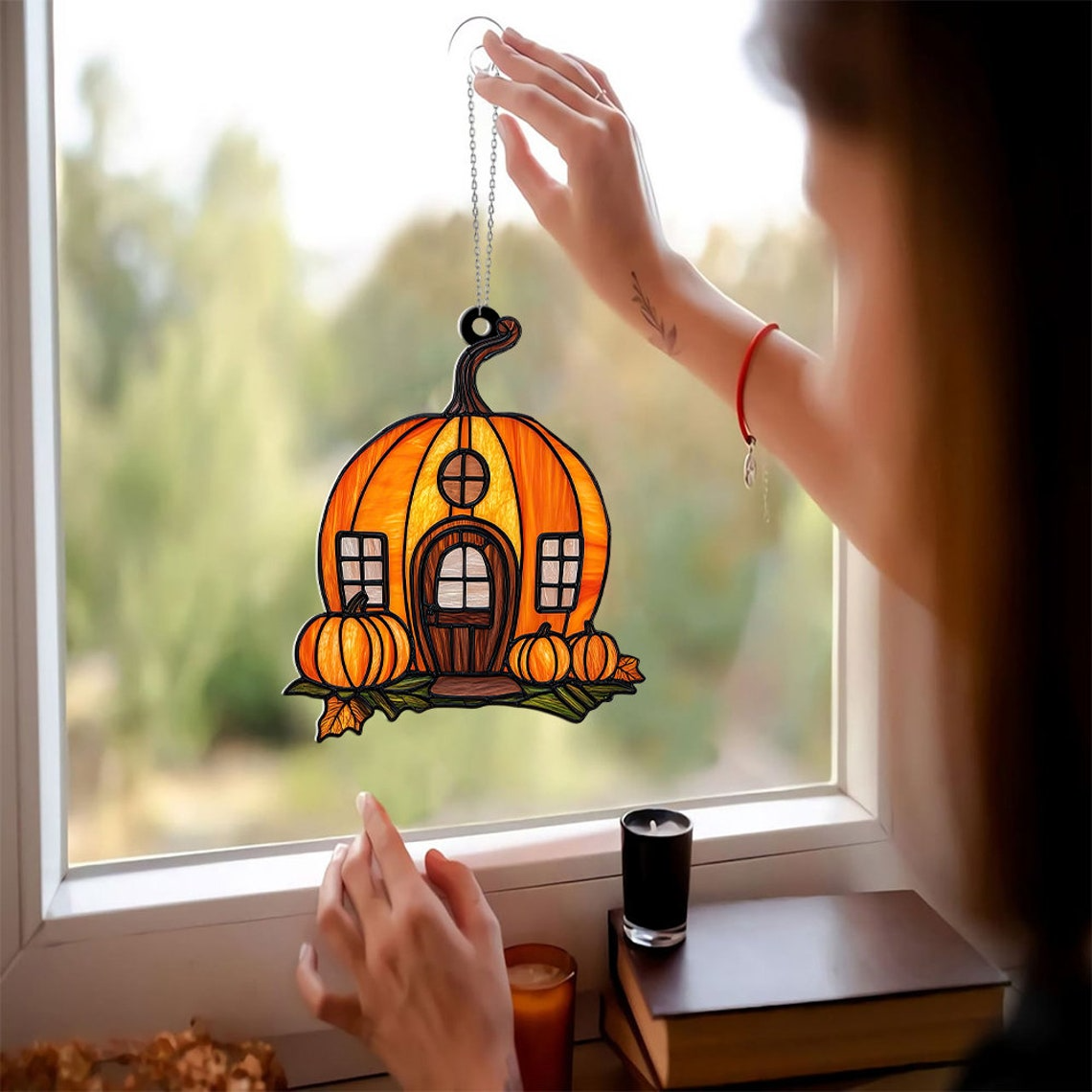 Pumpkin House Suncatcher, Pumpkin House Hanging Ornament Decor