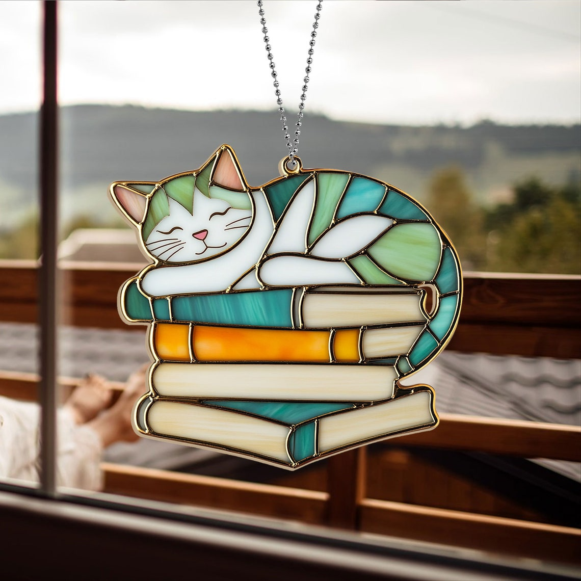 Cat Colorful Sleeping on Books Suncatcher, Cat Sleeping on Books Hanging Decor