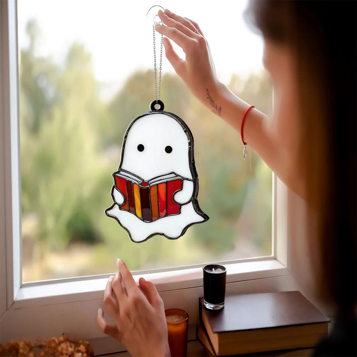 Ghost Reading Book Halloween Suncatcher, Halloween Cute Boo Reading Ornament