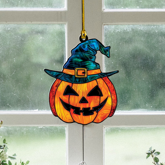 Pumpkin Wearing Witch's Hat Halloween Suncatcher, Pumpkin Window Hanging Ornament Decor