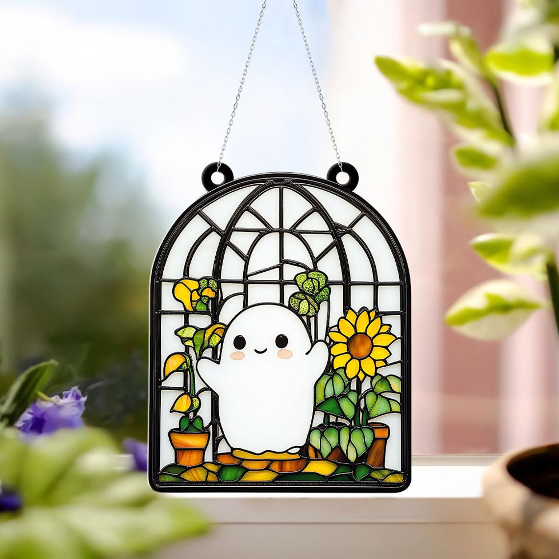 Cute Ghost and Flower Suncatcher, Cute Ghost Funny Hanging Ornament