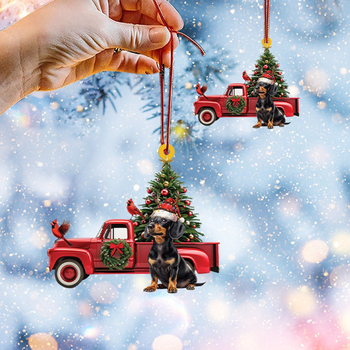 Cute Dachshund Dog Red Truck Christmas Ornament, Cute Dachshund Dog Christmas Ornament Gift