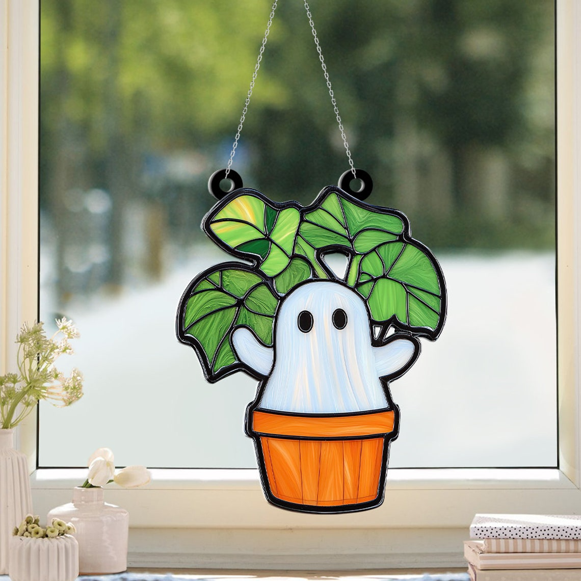 Ghost Plant Window Suncatcher Ornament, Halloween Ghost Planter Ornament