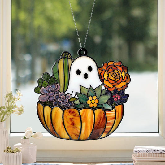 Cute Ghost Cactus Window Suncatcher, Halloween Ghost Succulent Ornament