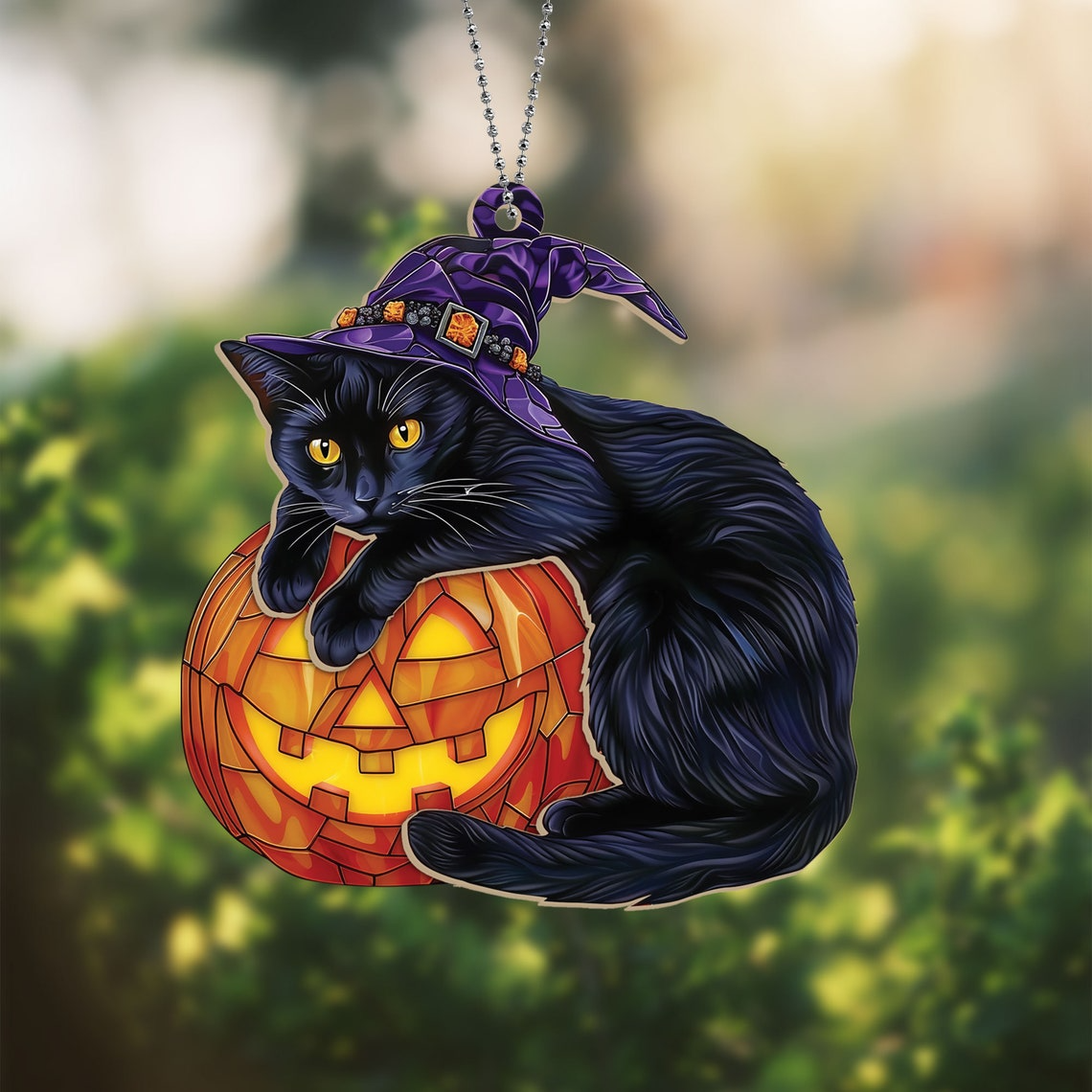 Witchy Cat Hugging Pumpkin Halloween Suncatcher, Halloween Witchy Black Cat Ornament