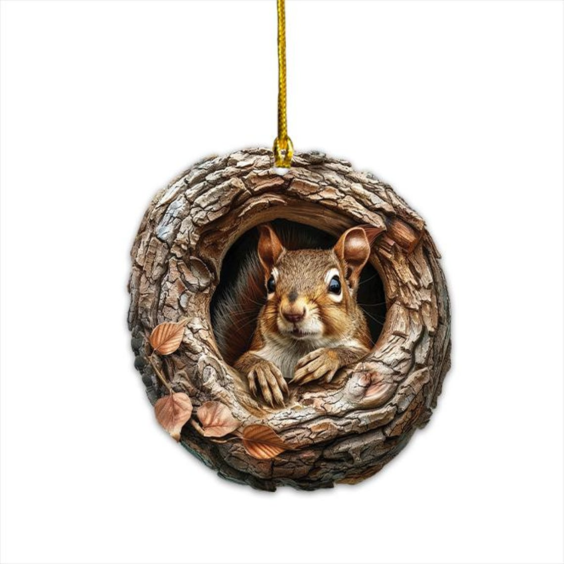 Squirrel in a Hollow Tree Seeing Outside Ornament, Squirrel Hanging Christmas Ornament