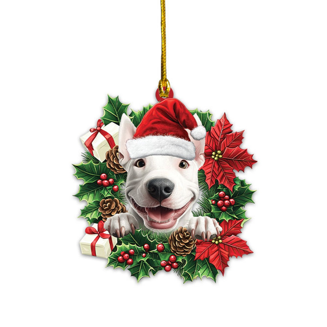 Bull Terrier Dog Christmas Wreath Ornament, Ornament Bull Terrier Dog Christmas Hanging Decor Gift