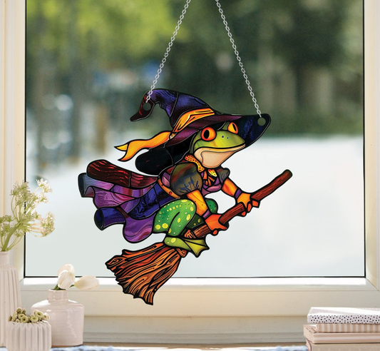 Frog Witchy Halloween Window Hanging Suncatcher Ornament, Halloween Frog Hanging Decor Gift