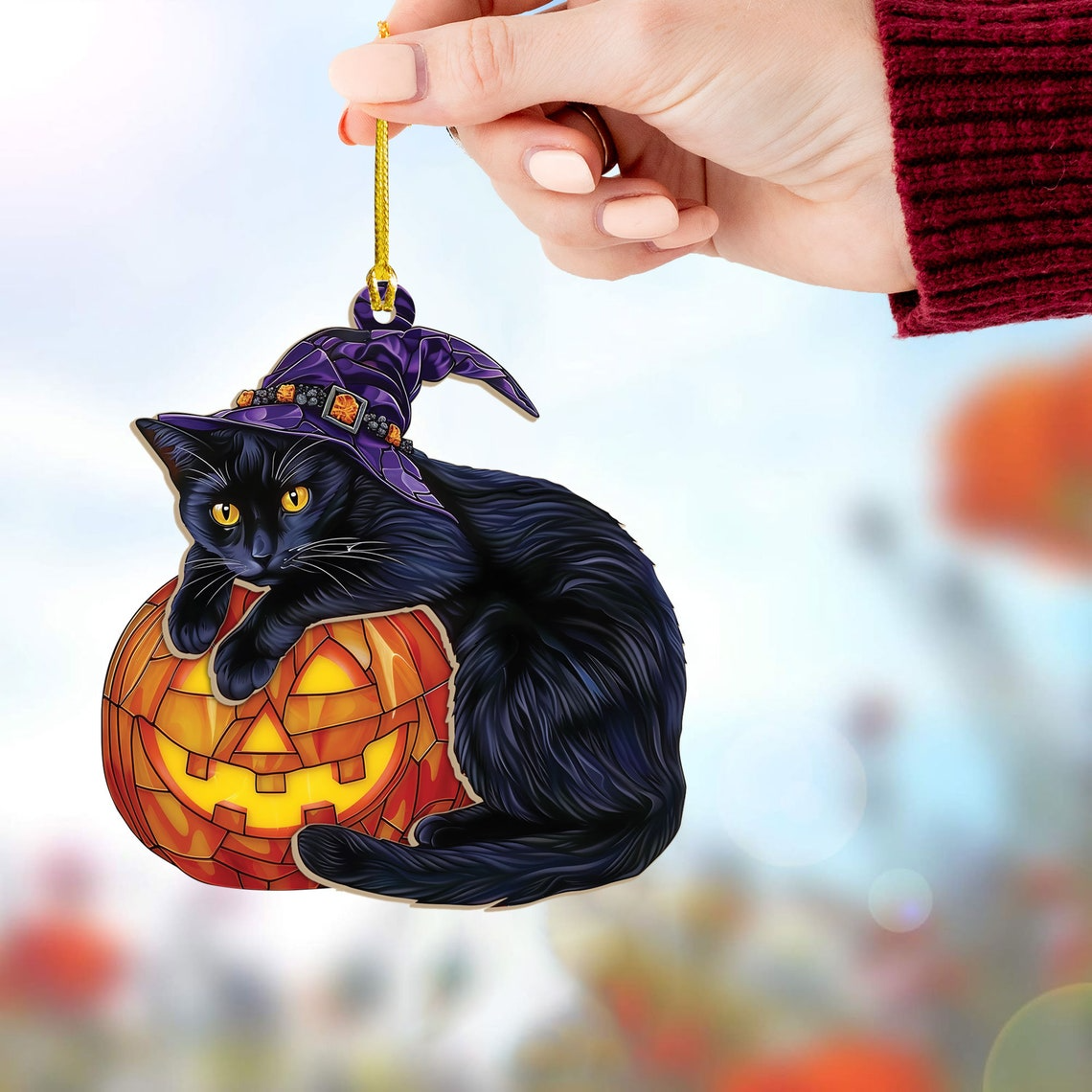 Witchy Cat Hugging Pumpkin Halloween Suncatcher, Halloween Witchy Black Cat Ornament