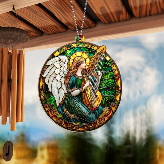 Angel With Harp Christmas Suncatcher, Angel With Harp Window Hanging Ornament Decor