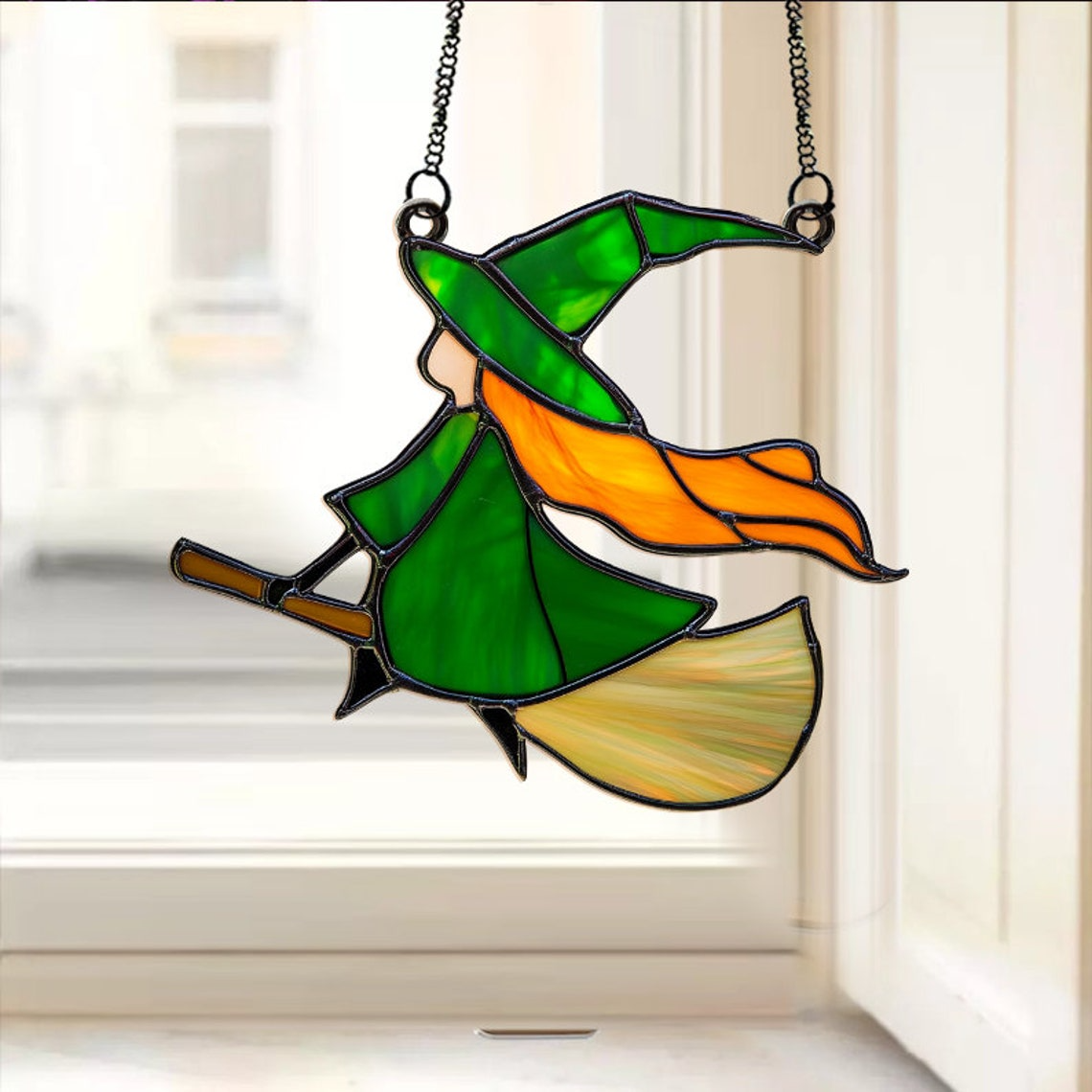 Little Witch Riding Broomstick Suncatcher, Halloween Witch Window Hanging Decor