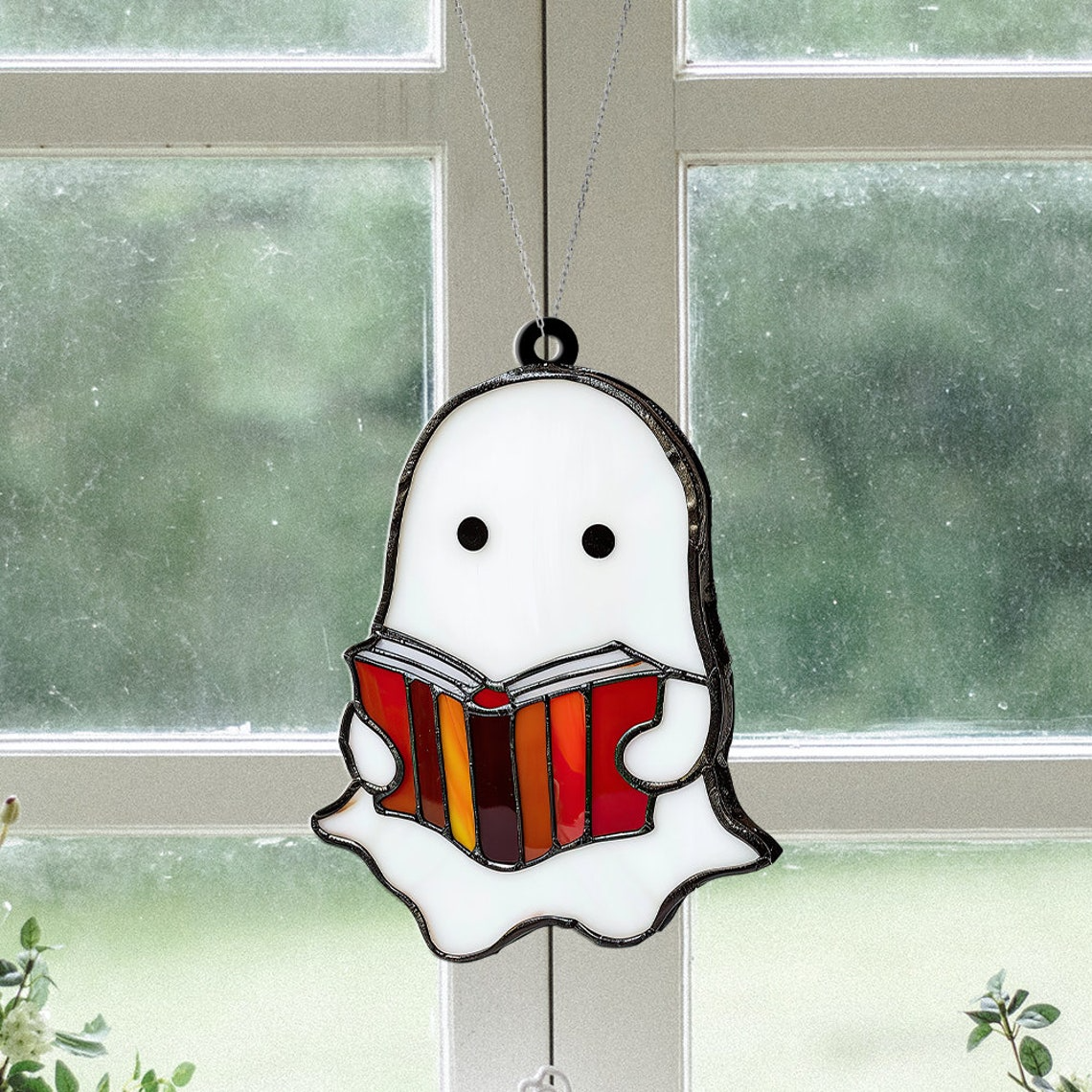 Ghost Reading Book Halloween Suncatcher, Halloween Cute Boo Reading Ornament