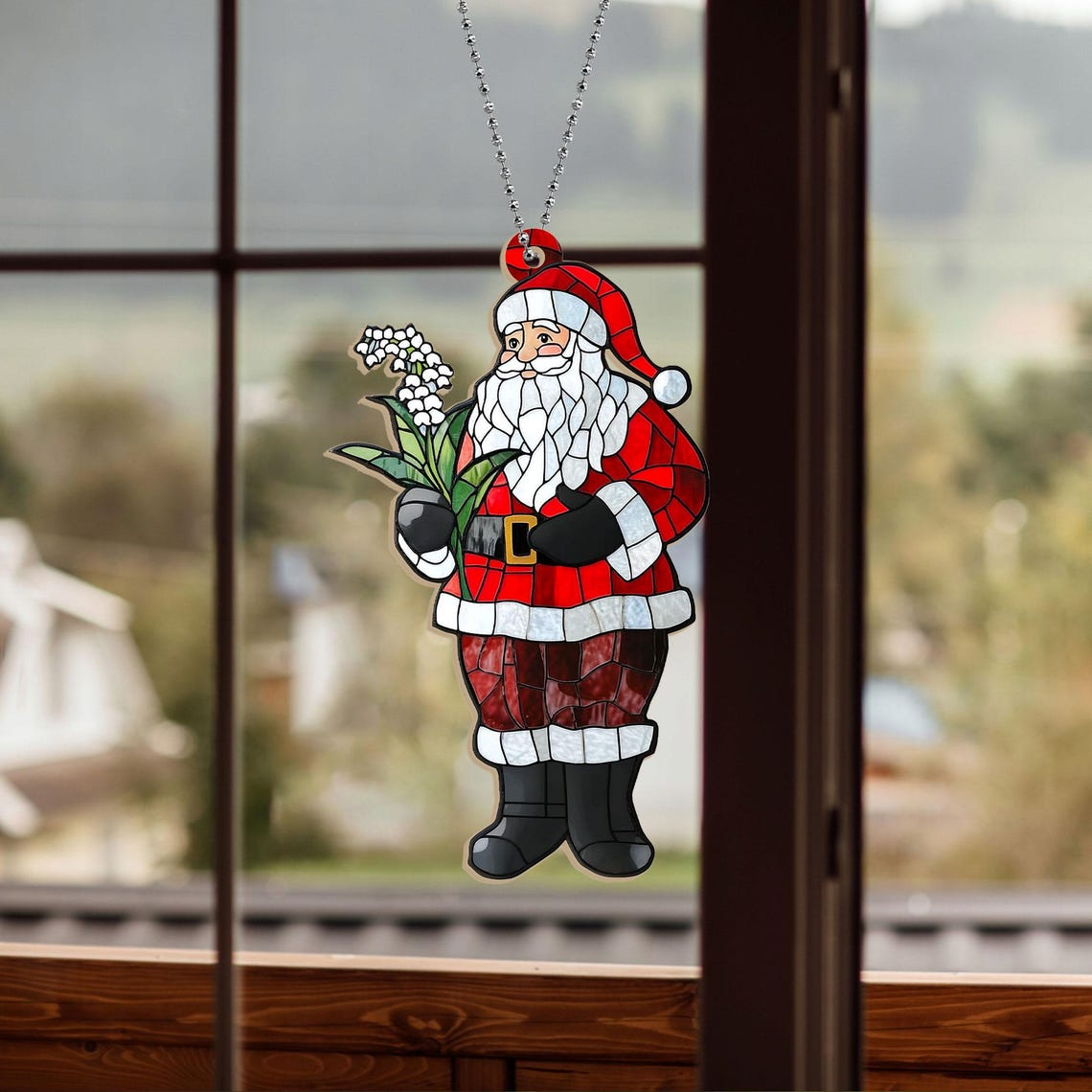 Santa Claus with Lily Of The Valley Suncatcher, Lily Of The Valley Suncatcher Ornament Gift