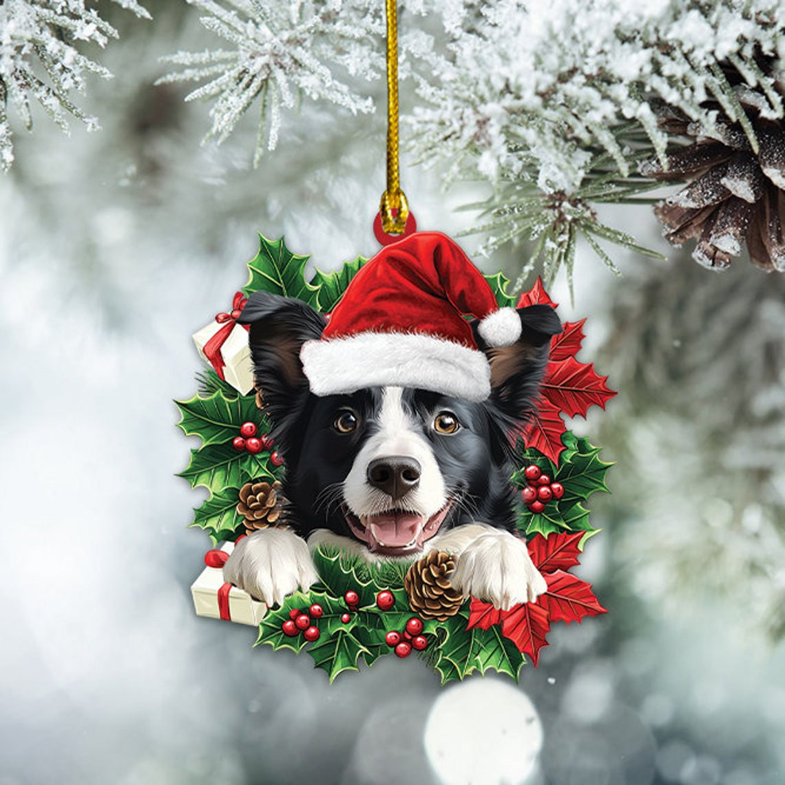 Border Collie Dog Christmas Wreath Ornament, Border Collie Dog Car Ornament Holiday Gift