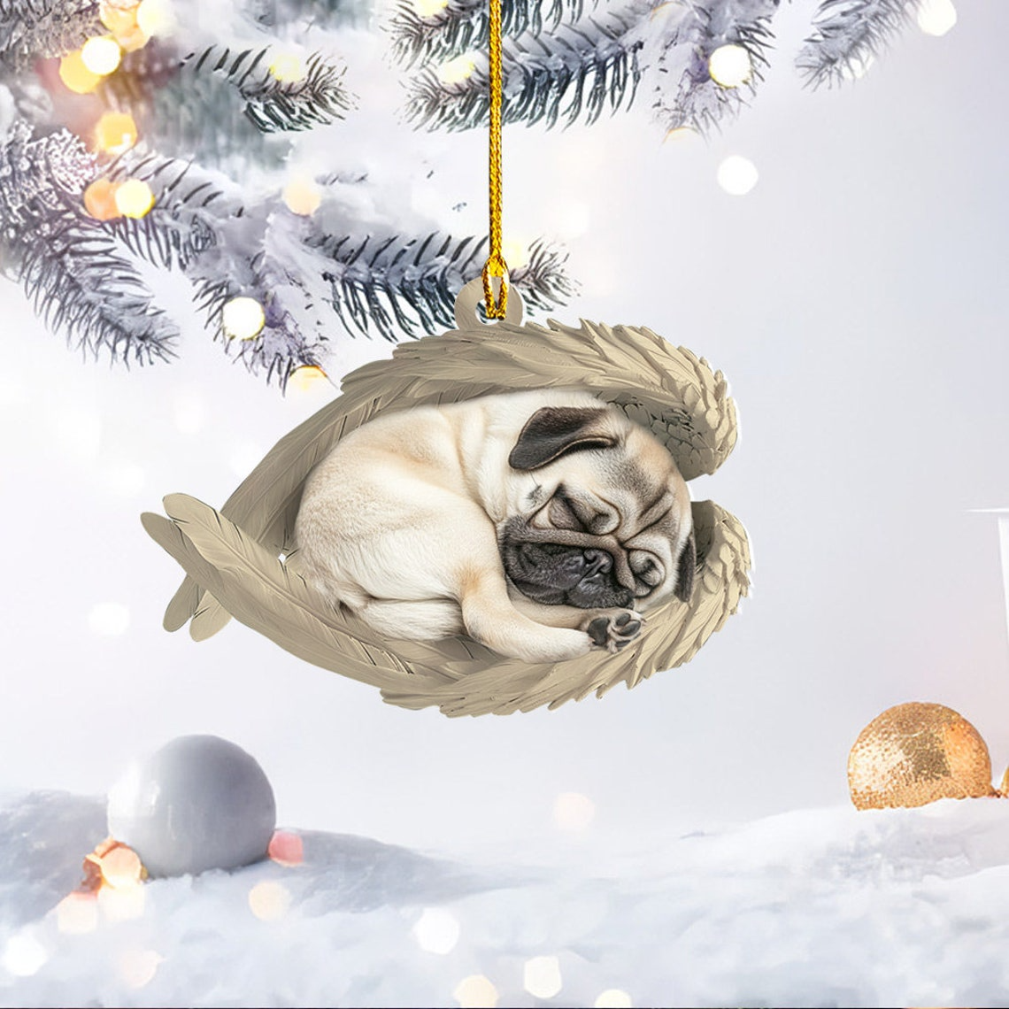 Lovely Pug Dog Hanging Christmas Ornament Gift, Pug Dog Sleeping Angel Wings Ornament Decor