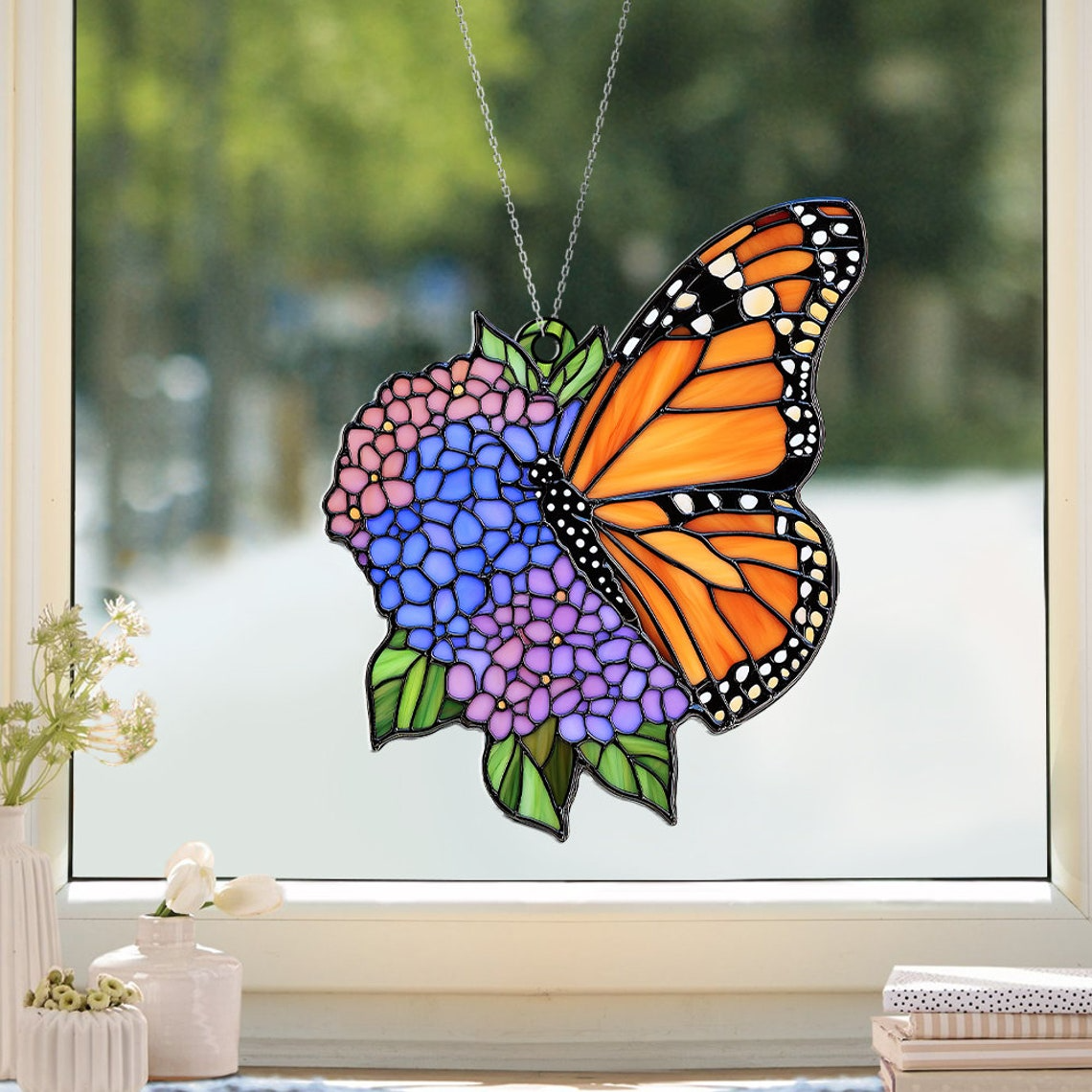 Flower Hydrangea Butterfly Suncatcher, Hydrangea Butterfly Sun Light Catcher Decor