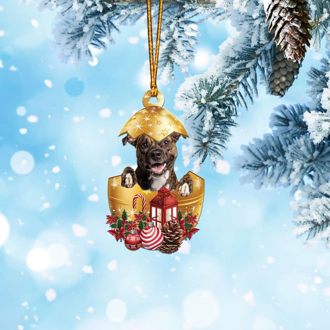 Brindle Staffy In in Golden Egg Christmas Ornament, Dog Car Christmas Ornament Decor Home