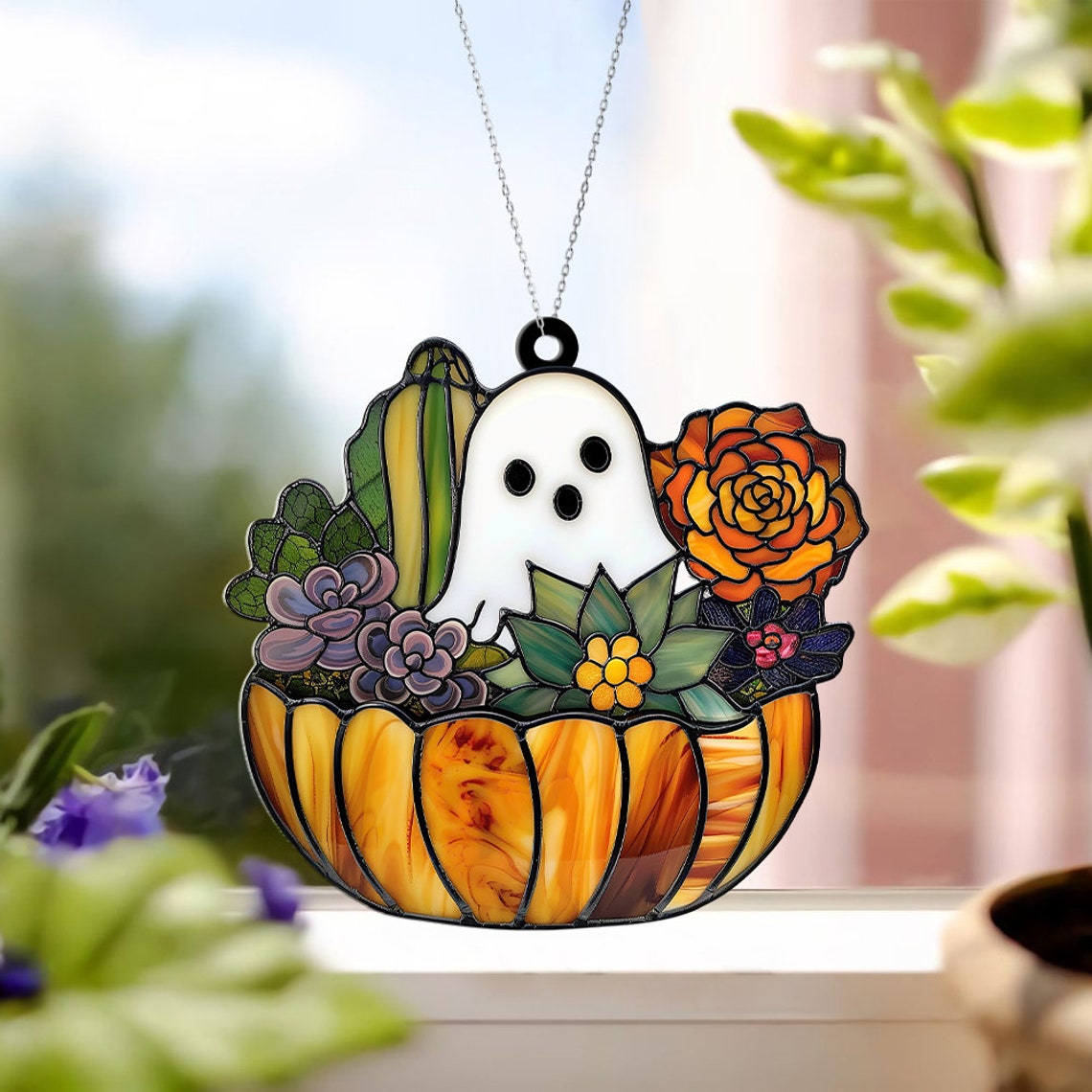 Cute Ghost Cactus Window Suncatcher, Halloween Ghost Succulent Ornament