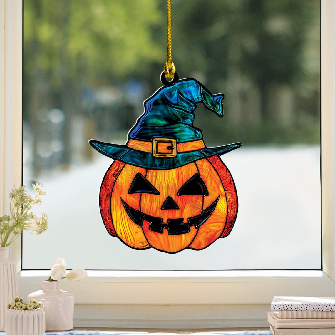 Pumpkin Wearing Witch's Hat Halloween Suncatcher, Pumpkin Window Hanging Ornament Decor