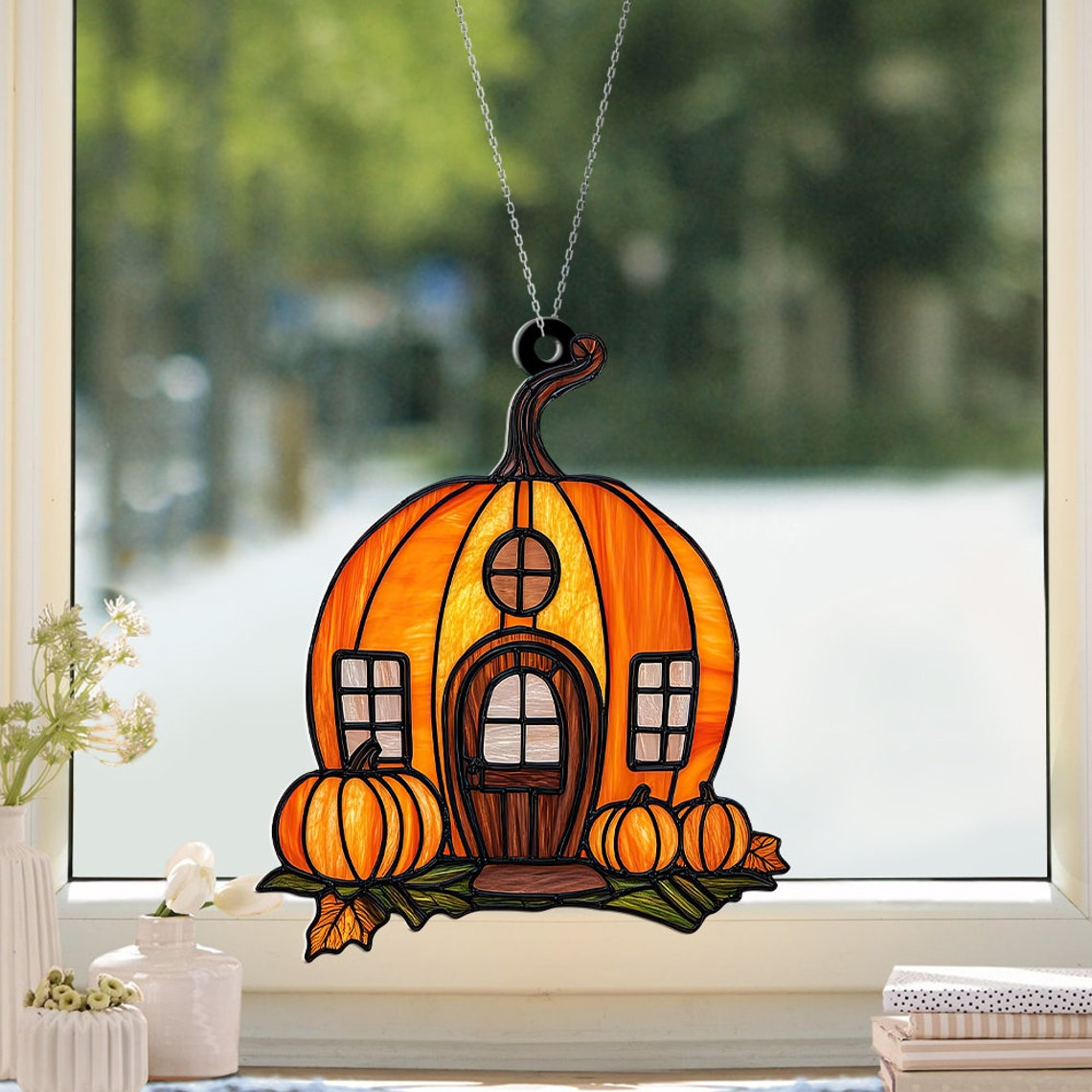 Pumpkin House Suncatcher, Pumpkin House Hanging Ornament Decor