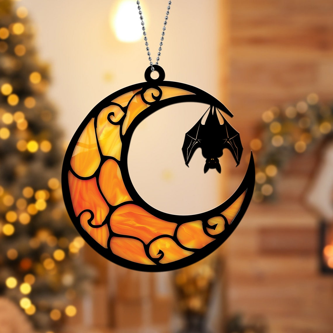 Bat Moon Halloween Window Hanging Suncatcher Ornament, Bat Hanging Ornament Decor