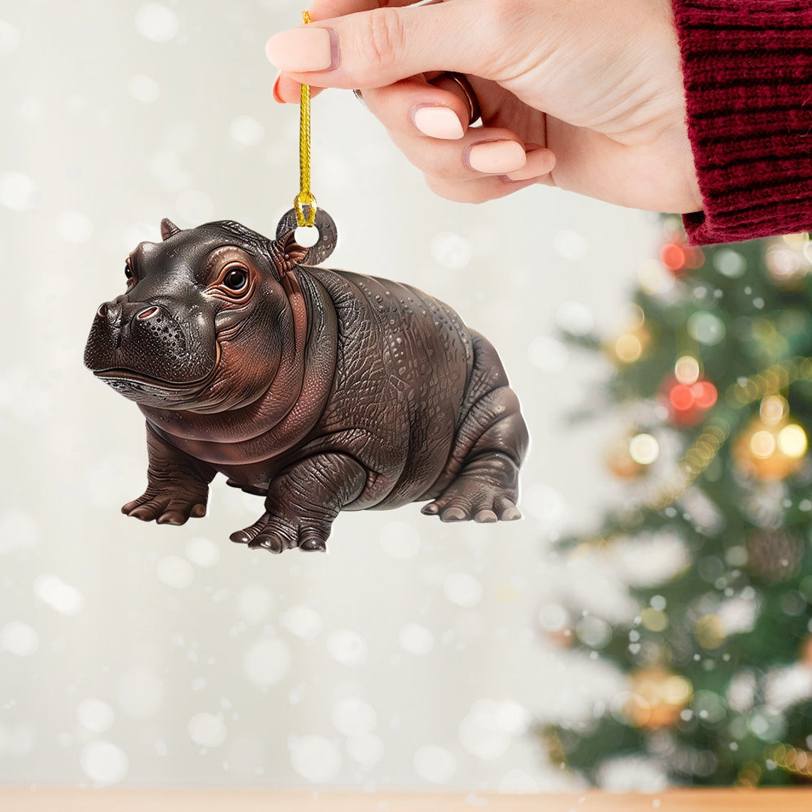 Cute Baby Hippo Moo Deng Flat Ornament, Christmas Moo Deng Hanging Ornament Decor Gift