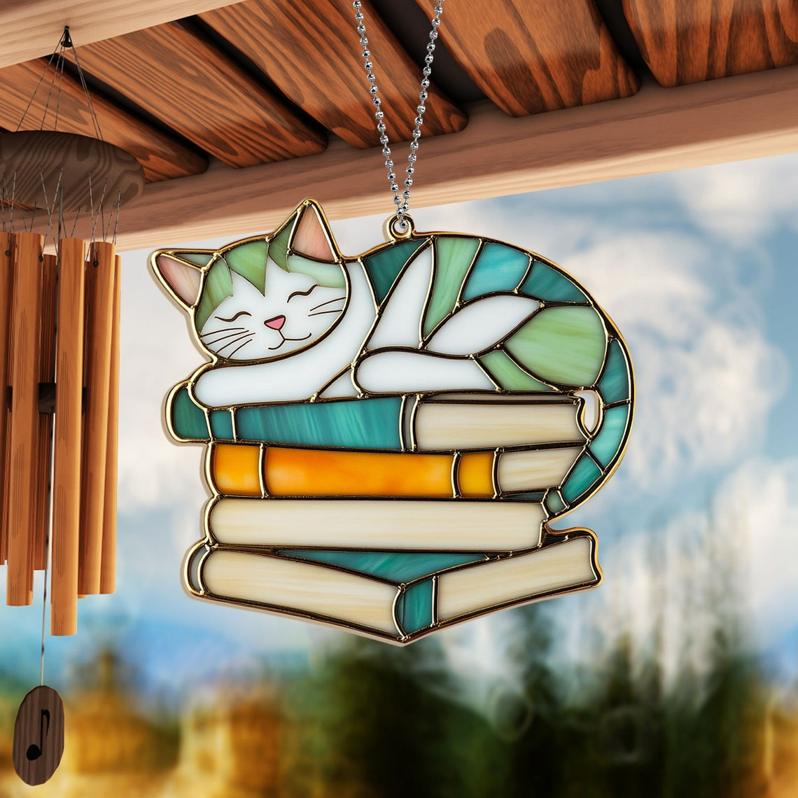 Cat Colorful Sleeping on Books Suncatcher, Cat Sleeping on Books Hanging Decor