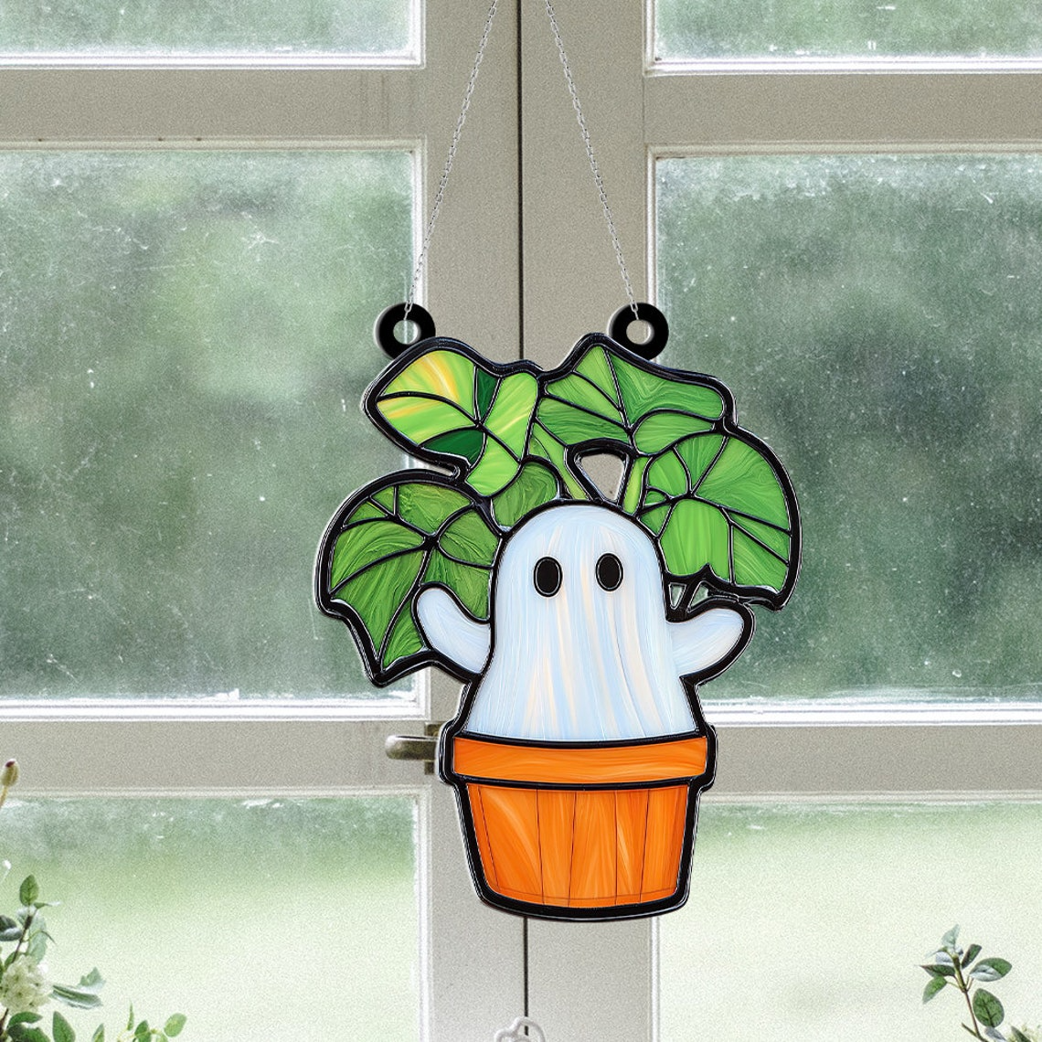 Ghost Plant Window Suncatcher Ornament, Halloween Ghost Planter Ornament