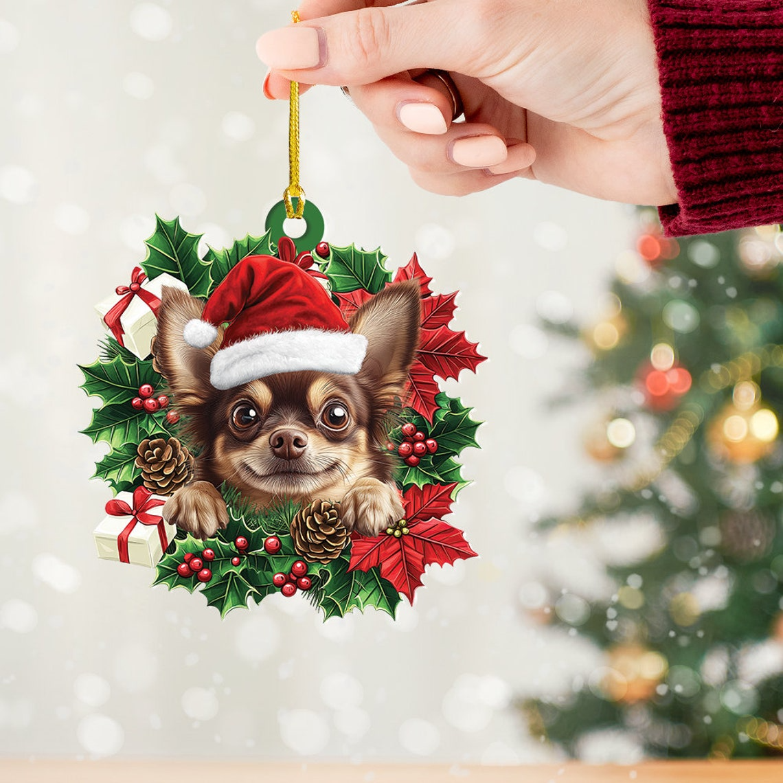 Chihuahua Dog Christmas Wreath Ornament, Baby Cute Chihuahua Dog Christmas Ornament