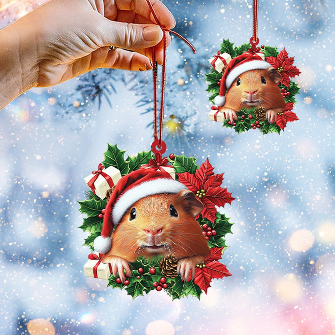 Guinea Pig Christmas Wreath Ornament, Guinea Pig Rearview Mirror Car Ornament Holiday Gift