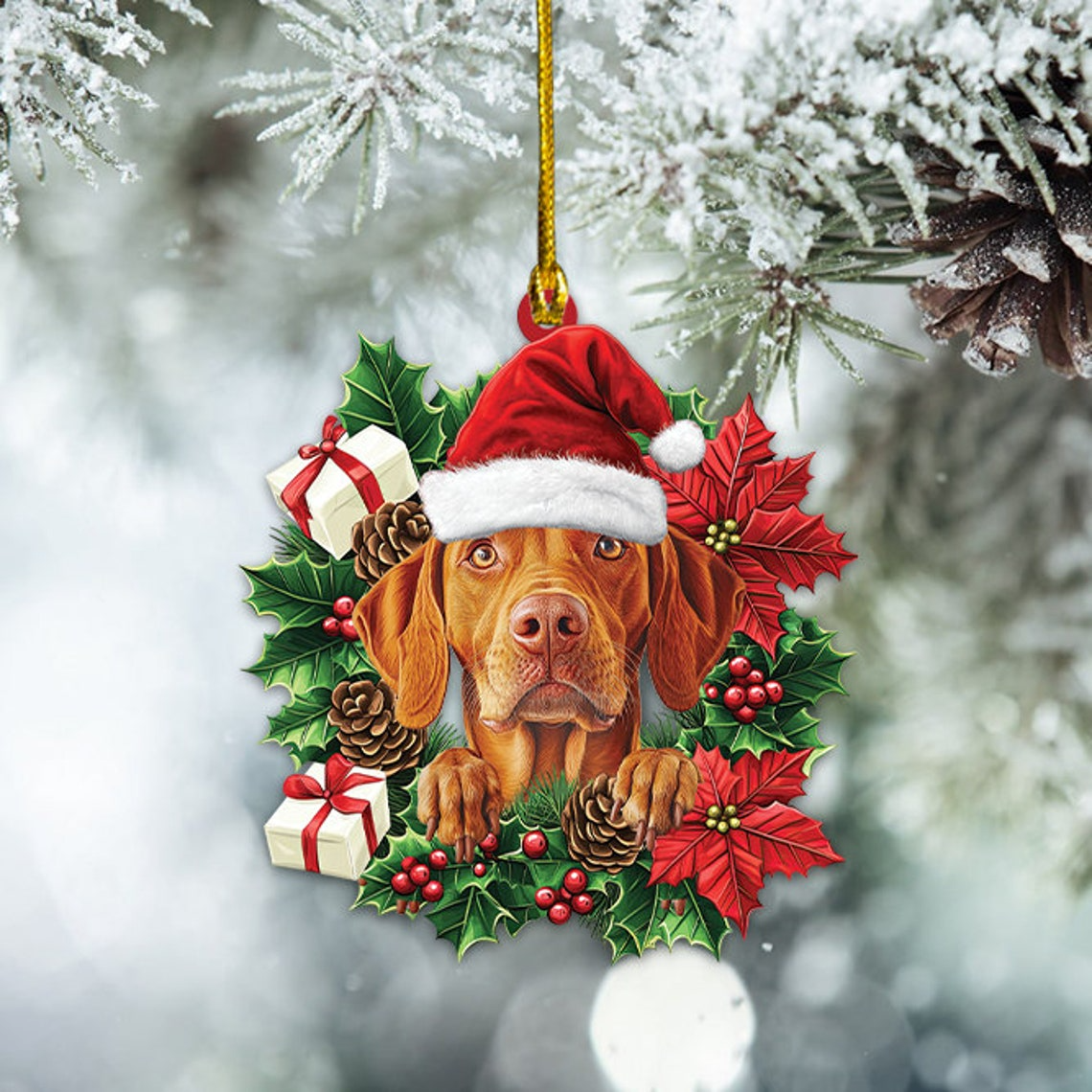 Vizsla Dog Hanging Christmas Wreath Ornament, Vizsla Dog Christmas Tree Ornament Decor