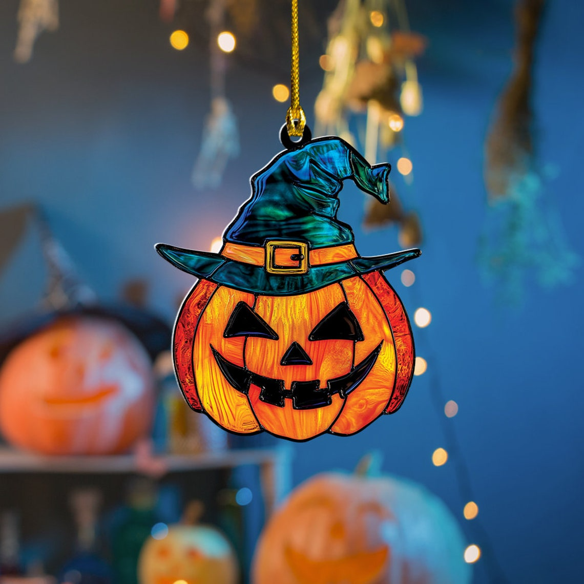 Pumpkin Wearing Witch's Hat Halloween Suncatcher, Pumpkin Window Hanging Ornament Decor