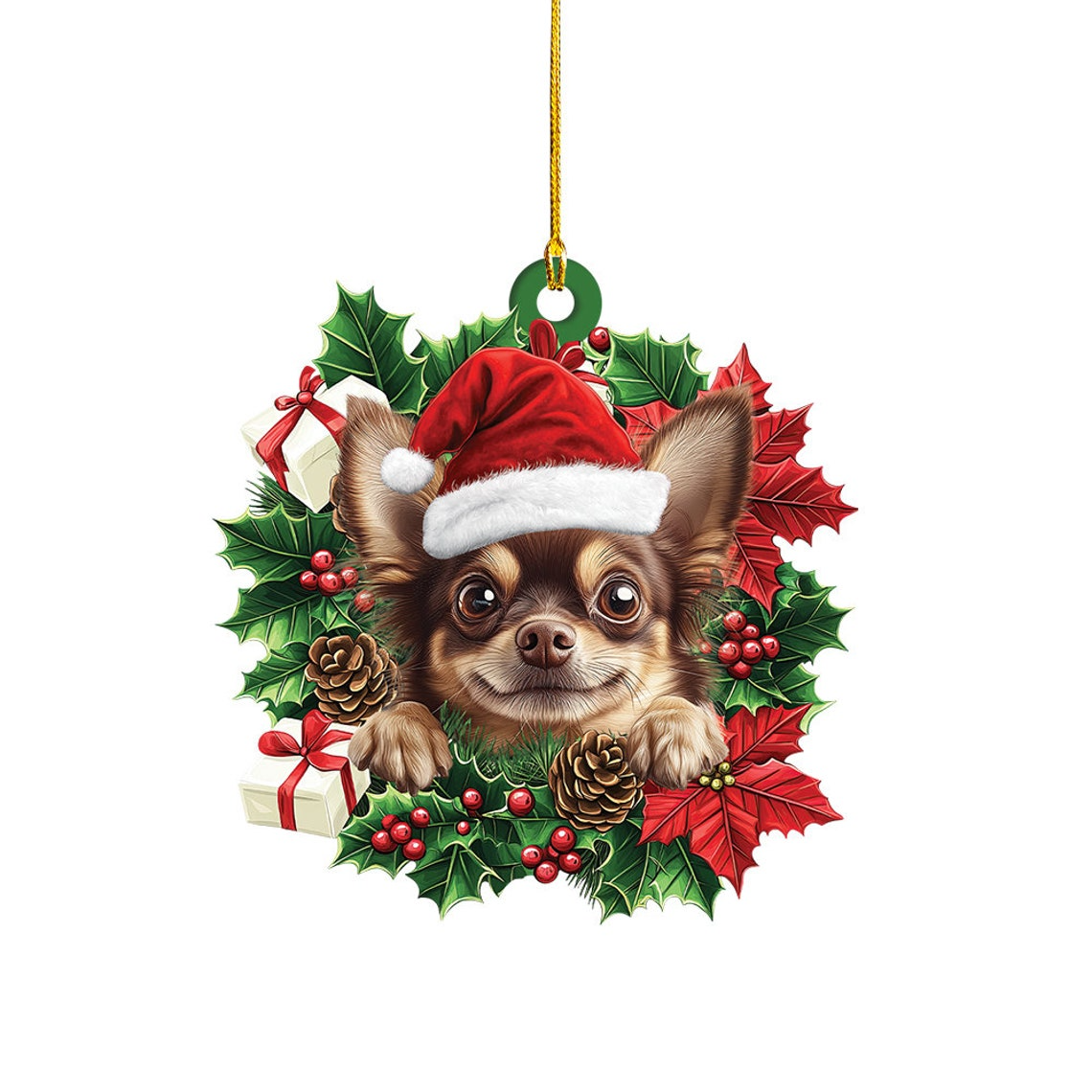 Chihuahua Dog Christmas Wreath Ornament, Baby Cute Chihuahua Dog Christmas Ornament