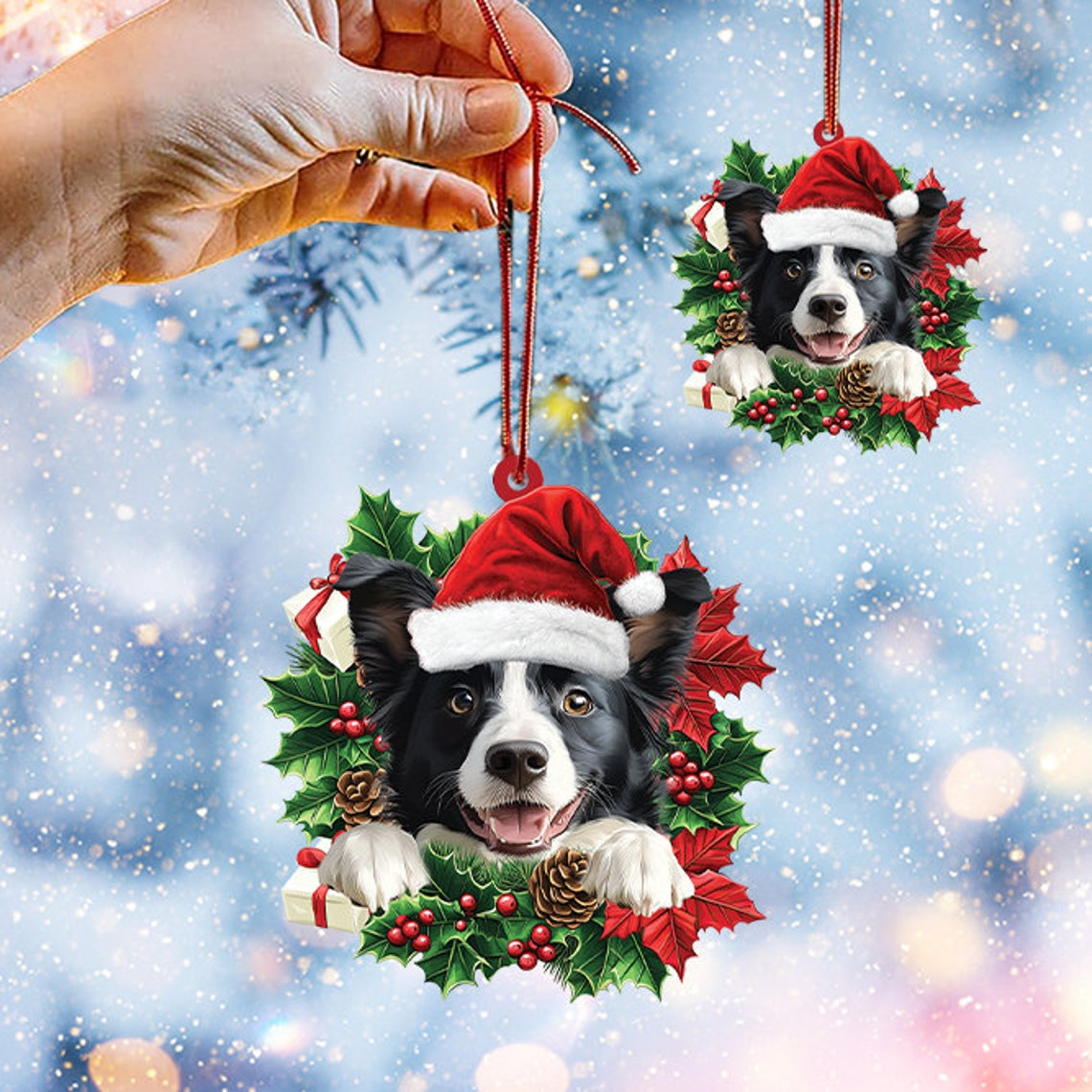 Border Collie Dog Christmas Wreath Ornament, Border Collie Dog Car Ornament Holiday Gift