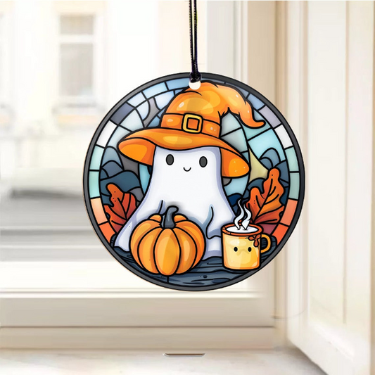 Witchy Ghost Funny Circle Hanging Suncatcher, Ghost Hanging Window Ornament Gift