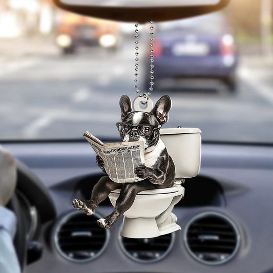 Boston Terrier Dog Sitting On Toilet Ornament, Boston Dog Reading Newspaper Ornament