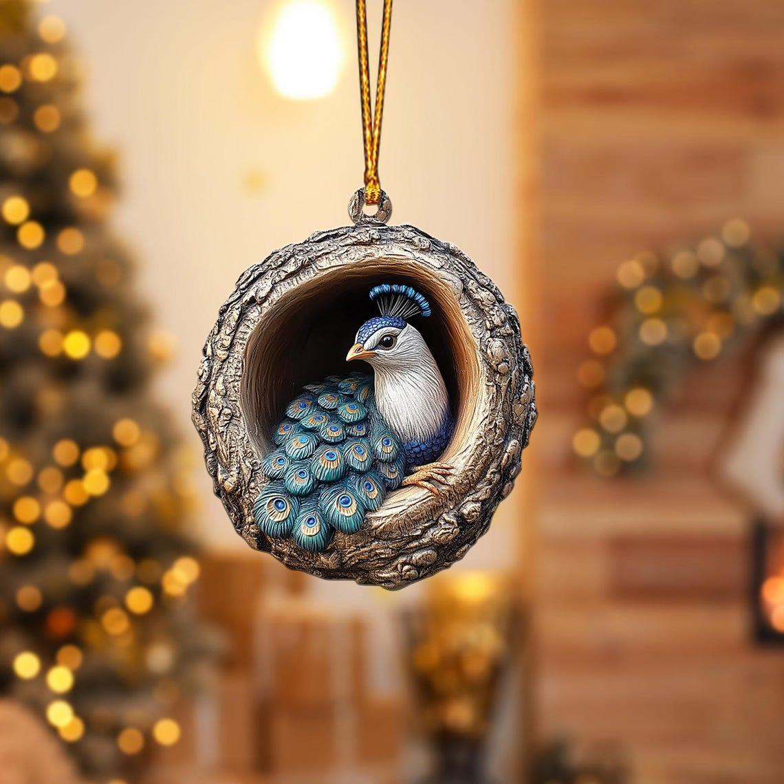 Peacock Flat Hanging Christmas Ornament, Peacock Rearview Mirror Car Ornament Decor Holiday