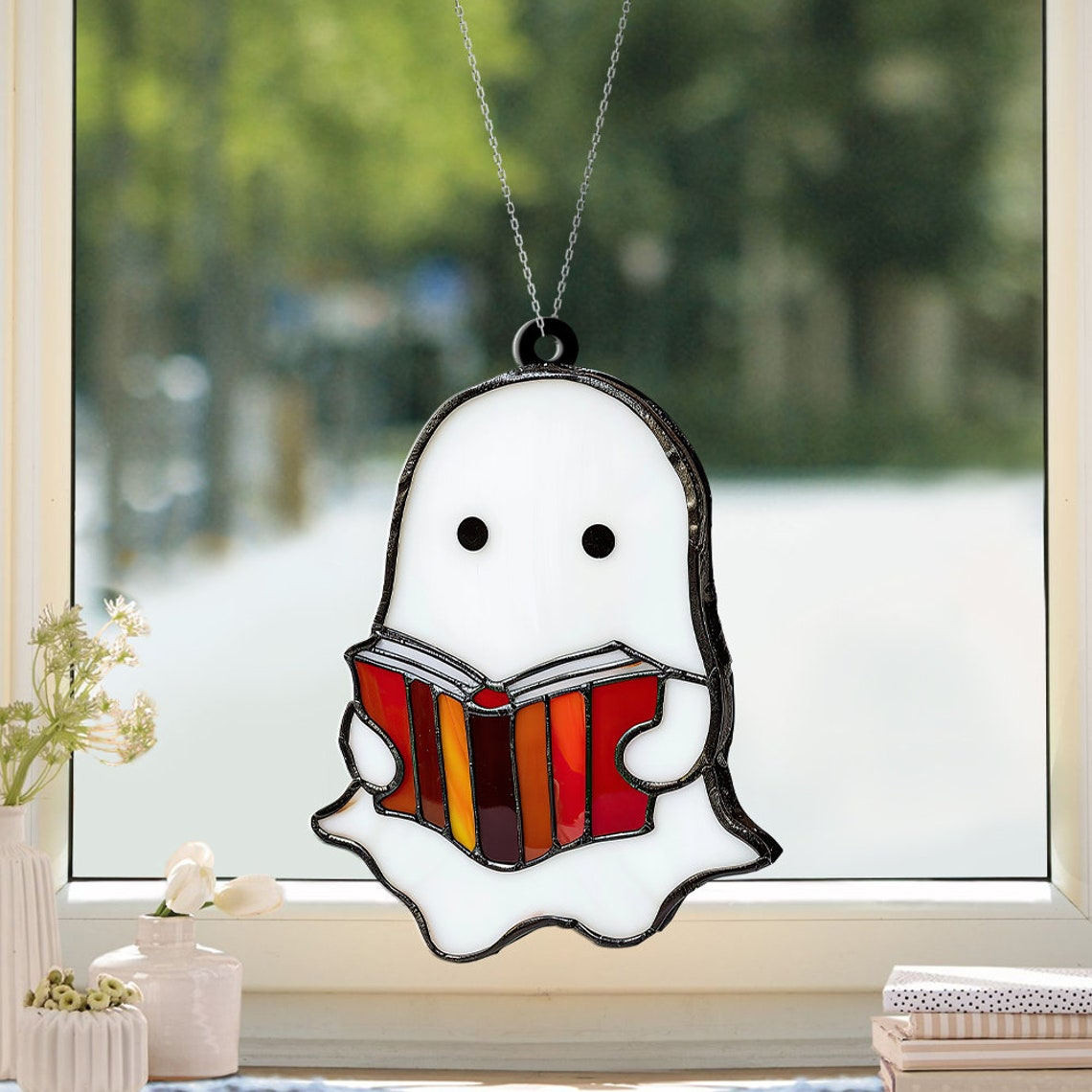 Ghost Reading Book Halloween Suncatcher, Halloween Cute Boo Reading Ornament