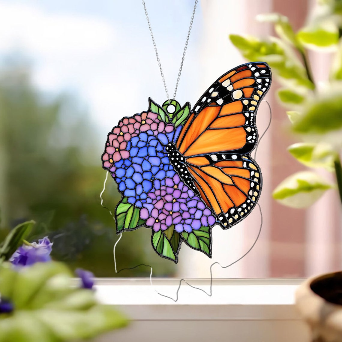 Flower Hydrangea Butterfly Suncatcher, Hydrangea Butterfly Sun Light Catcher Decor