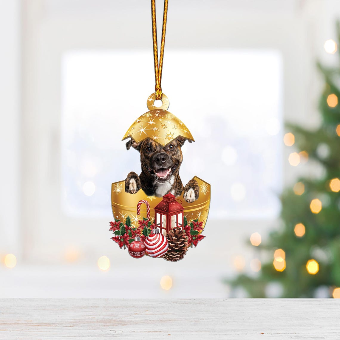 Brindle Staffy In in Golden Egg Christmas Ornament, Dog Car Christmas Ornament Decor Home