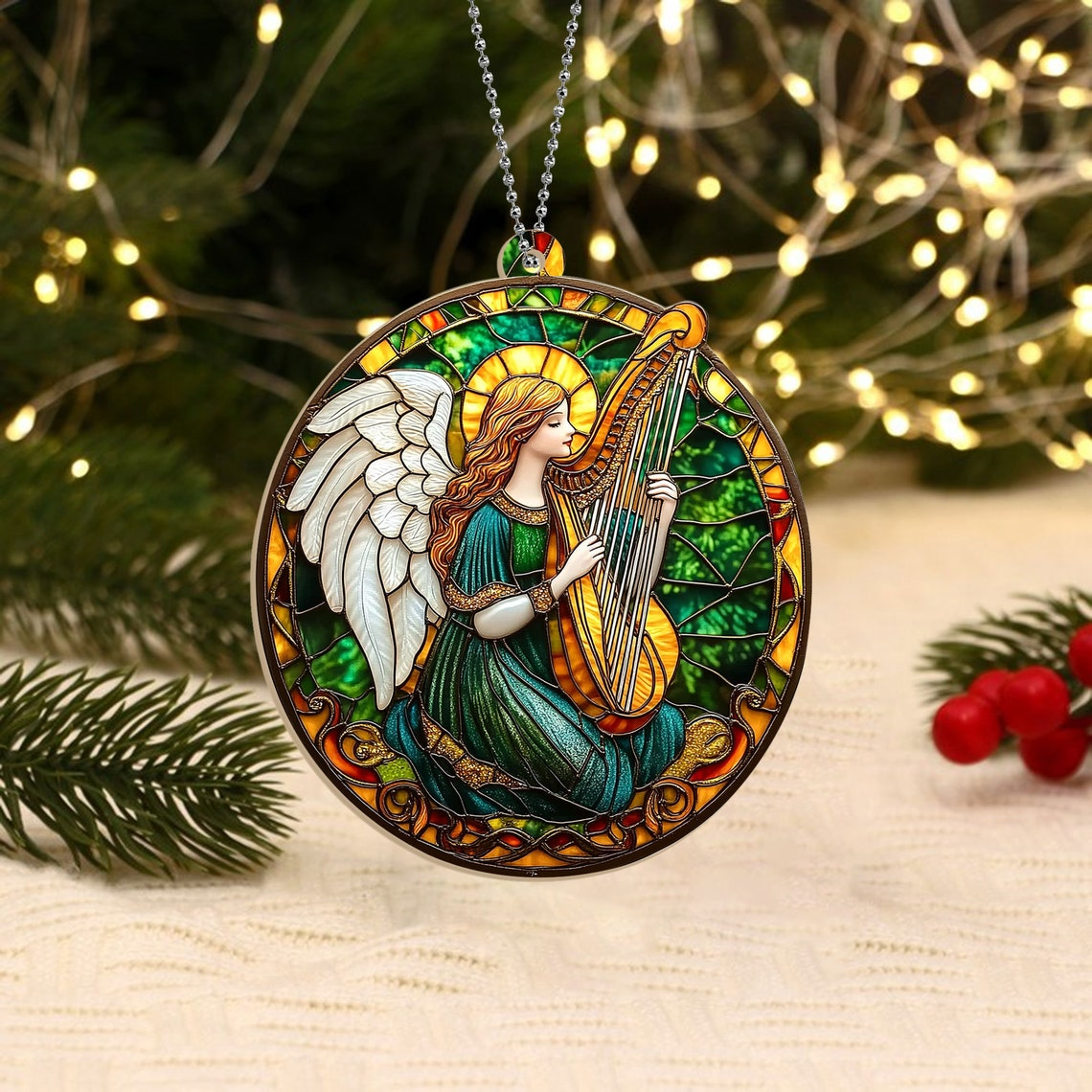 Angel With Harp Christmas Suncatcher, Angel With Harp Window Hanging Ornament Decor