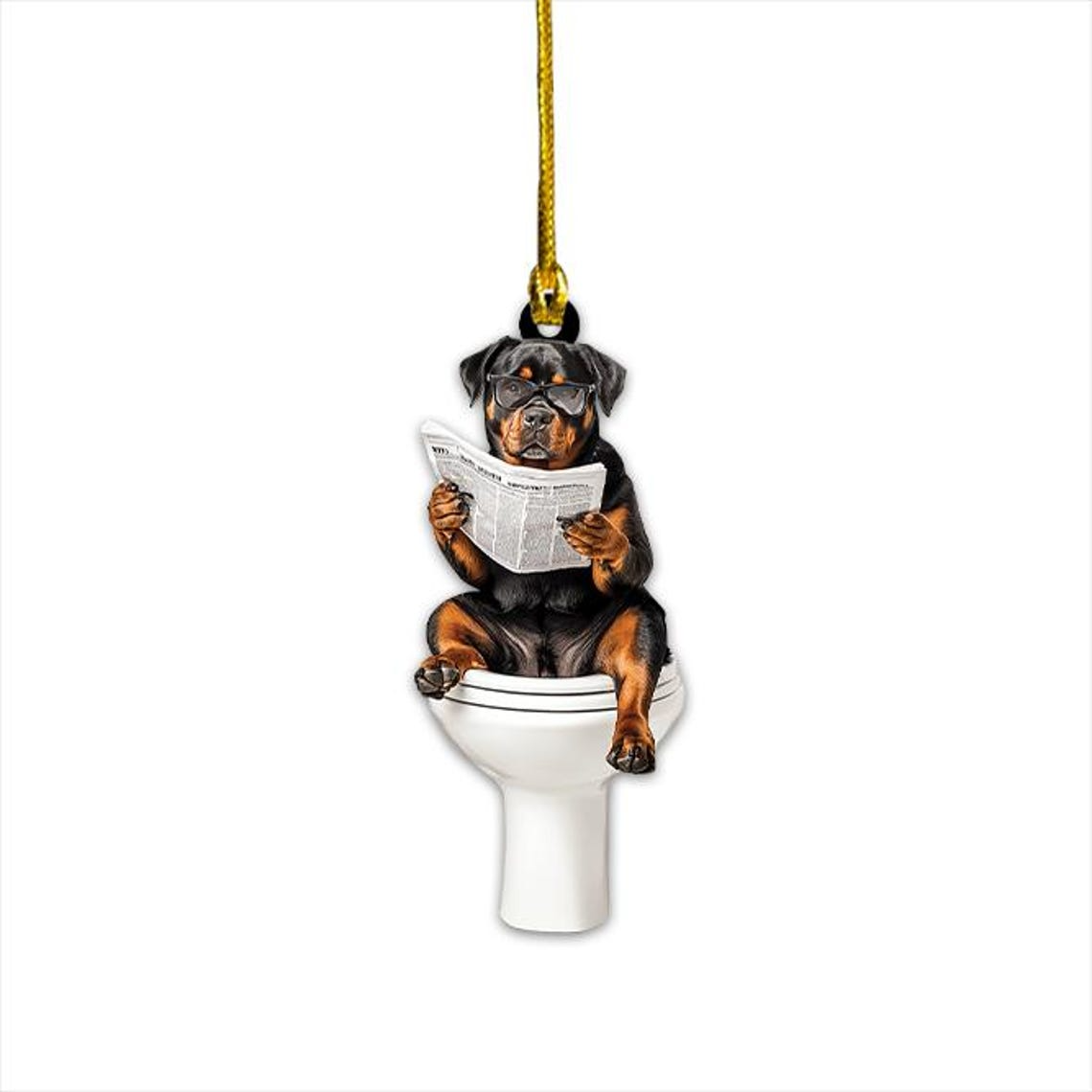 Rottweiler Dog Sit On Toilet Ornament, Rottweiler Dog Reading Newspaper Ornament Decor Gift